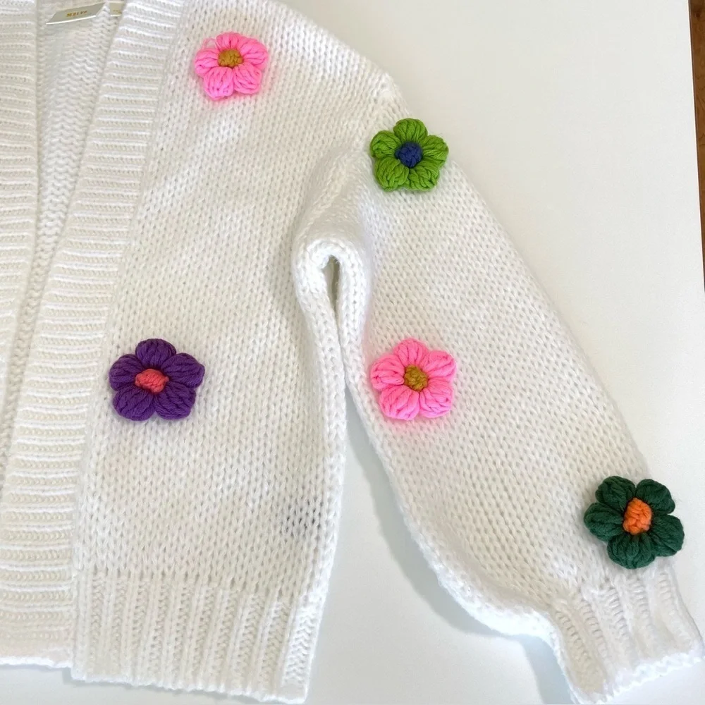Anthropologie Maeve Susannah 3D Flower Cardigan Open Front Knit Sweater White OS